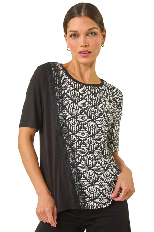 Roman Black Contrast Print Lace Trim Top - Size 12 Image 1