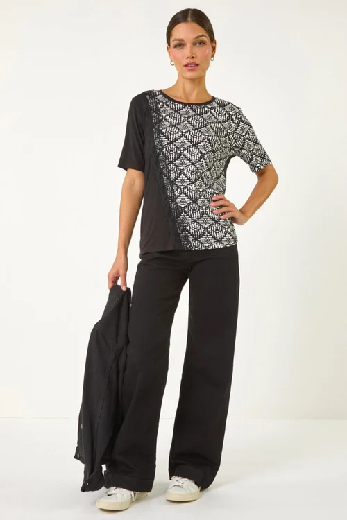 Roman Black Contrast Print Lace Trim Top - Size 12 Image 2