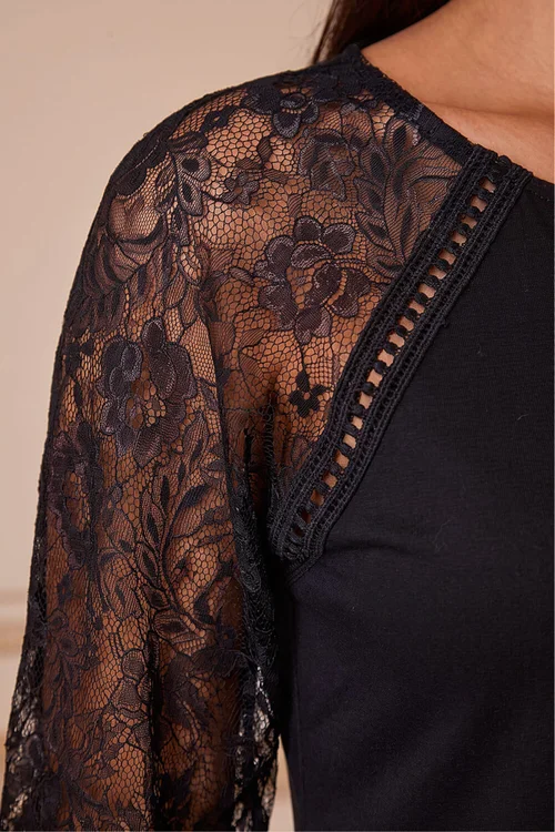 Roman Black Lace Sleeve Stretch Tunic Top - 18 Image 4