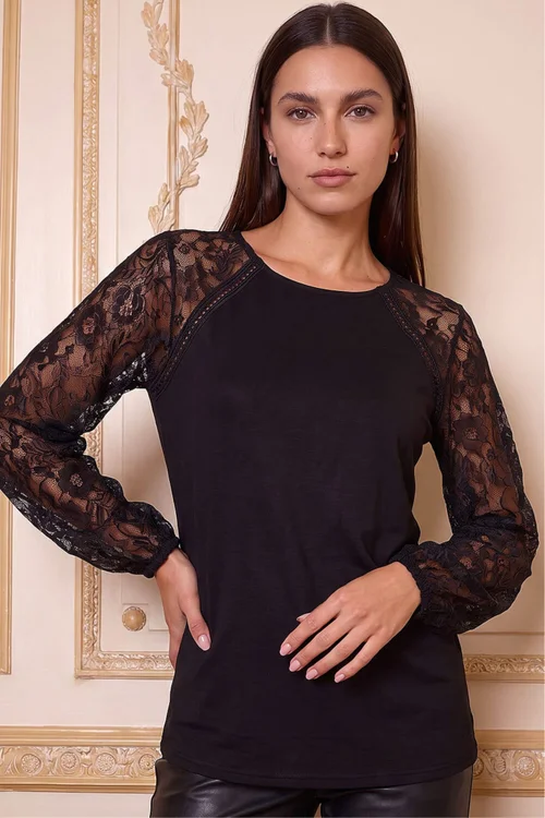 Roman Black Lace Sleeve Stretch Tunic Top - 18 Image 1