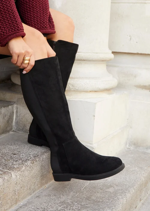 Linzi Steel Wide Fit Black Faux Leather Knee High Stretch Boot - 3 Image 1
