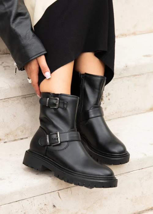 Linzi Trinity Black Faux Leather Biker Style Boot - 3 Image 1