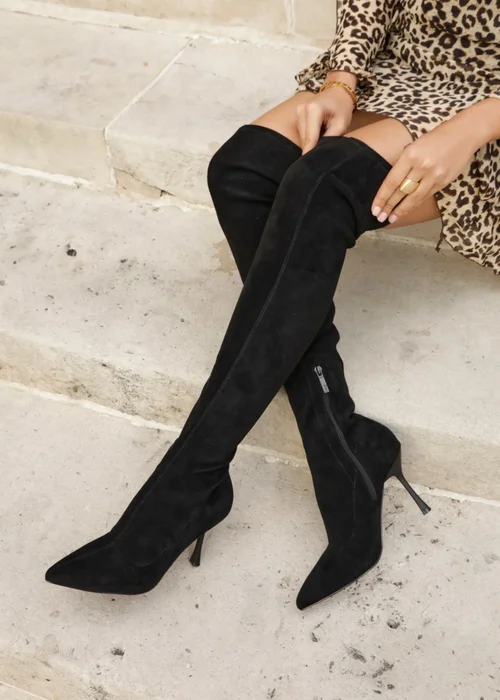 Linzi Laney Black Faux Suede Thigh High Strech Stiletto Heel Boot - 3 Image 6