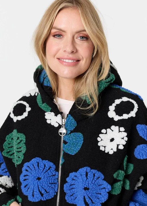 Izabel London Blue Textured Floral Longline Hoodie Coat - 8 Image 3