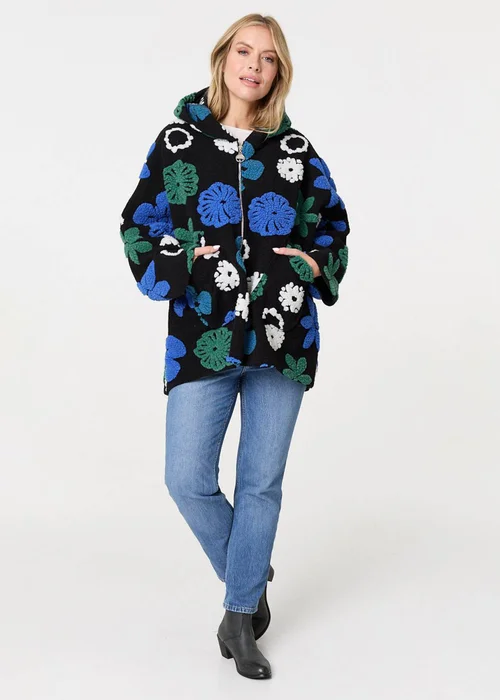 Izabel London Blue Textured Floral Longline Hoodie Coat - 8 Image 4