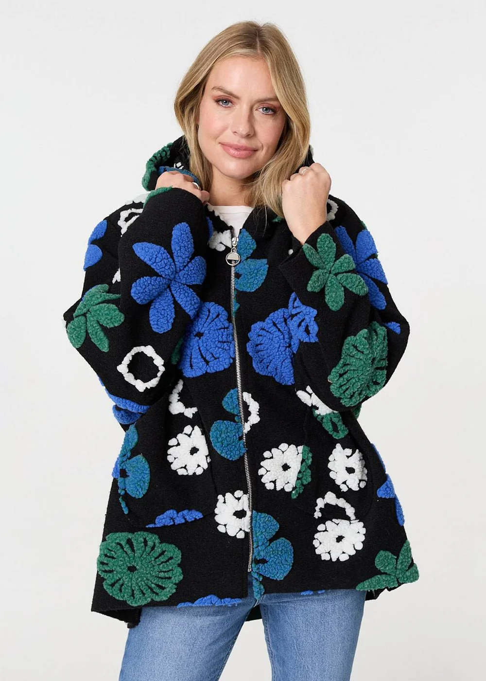 Izabel London Blue Textured Floral Longline Hoodie Coat - 8 Image 1