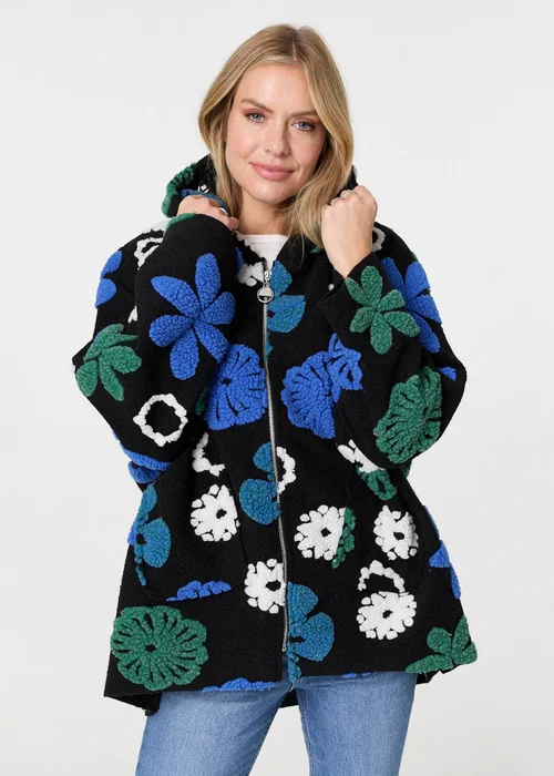 Izabel London Blue Textured Floral Longline Hoodie Coat - 8 Image 1