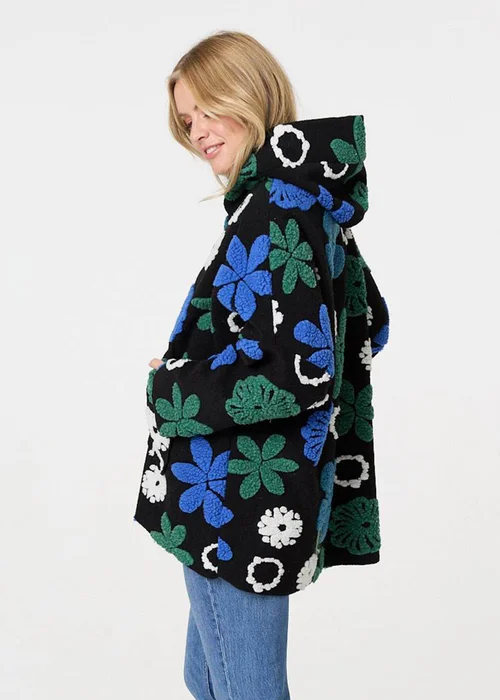 Izabel London Blue Textured Floral Longline Hoodie Coat - 8 Image 2