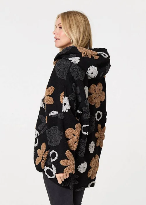 Izabel London Brown Textured Floral Longline Hoodie Coat - 8 Image 2
