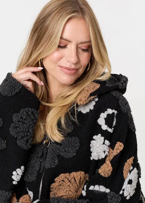Izabel London Brown Textured Floral Longline Hoodie Coat - 8 Image 3