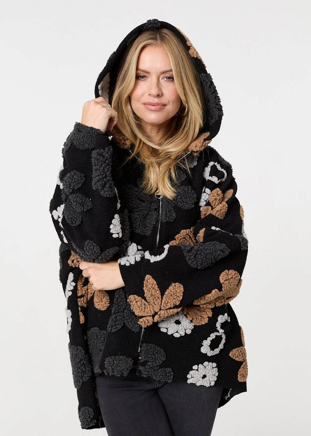Izabel London Brown Textured Floral Longline Hoodie Coat - 8 Image 1