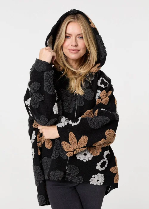 Izabel London Brown Textured Floral Longline Hoodie Coat - 8 Image 1