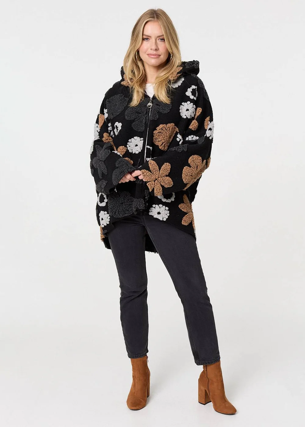 Izabel London Brown Textured Floral Longline Hoodie Coat - 8 Image 4