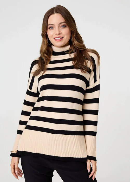 Izabel London Beige Striped Relaxed Roll Neck Jumper - 8 Image 1