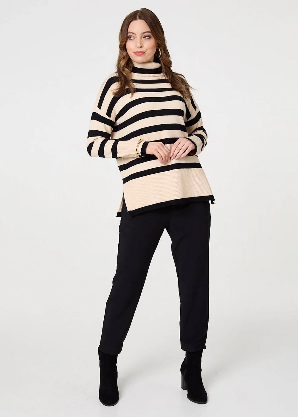 Izabel London Beige Striped Relaxed Roll Neck Jumper - 8 Image 4