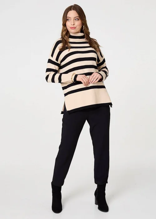 Izabel London Beige Striped Relaxed Roll Neck Jumper - 8 Image 4