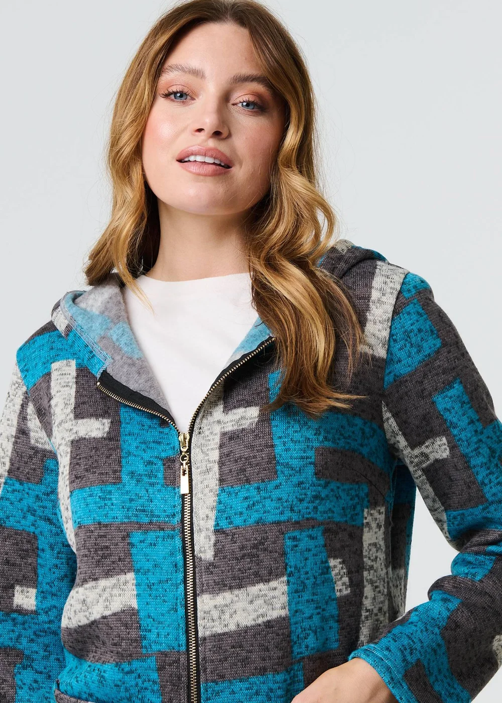 Izabel London Grey Geo Print Hooded Longline Zip-Up Jacket - 8 Image 3