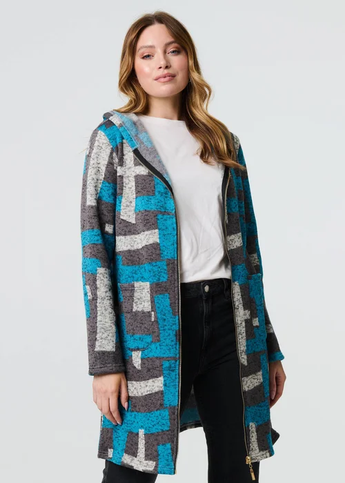 Izabel London Grey Geo Print Hooded Longline Zip-Up Jacket - 8 Image 1