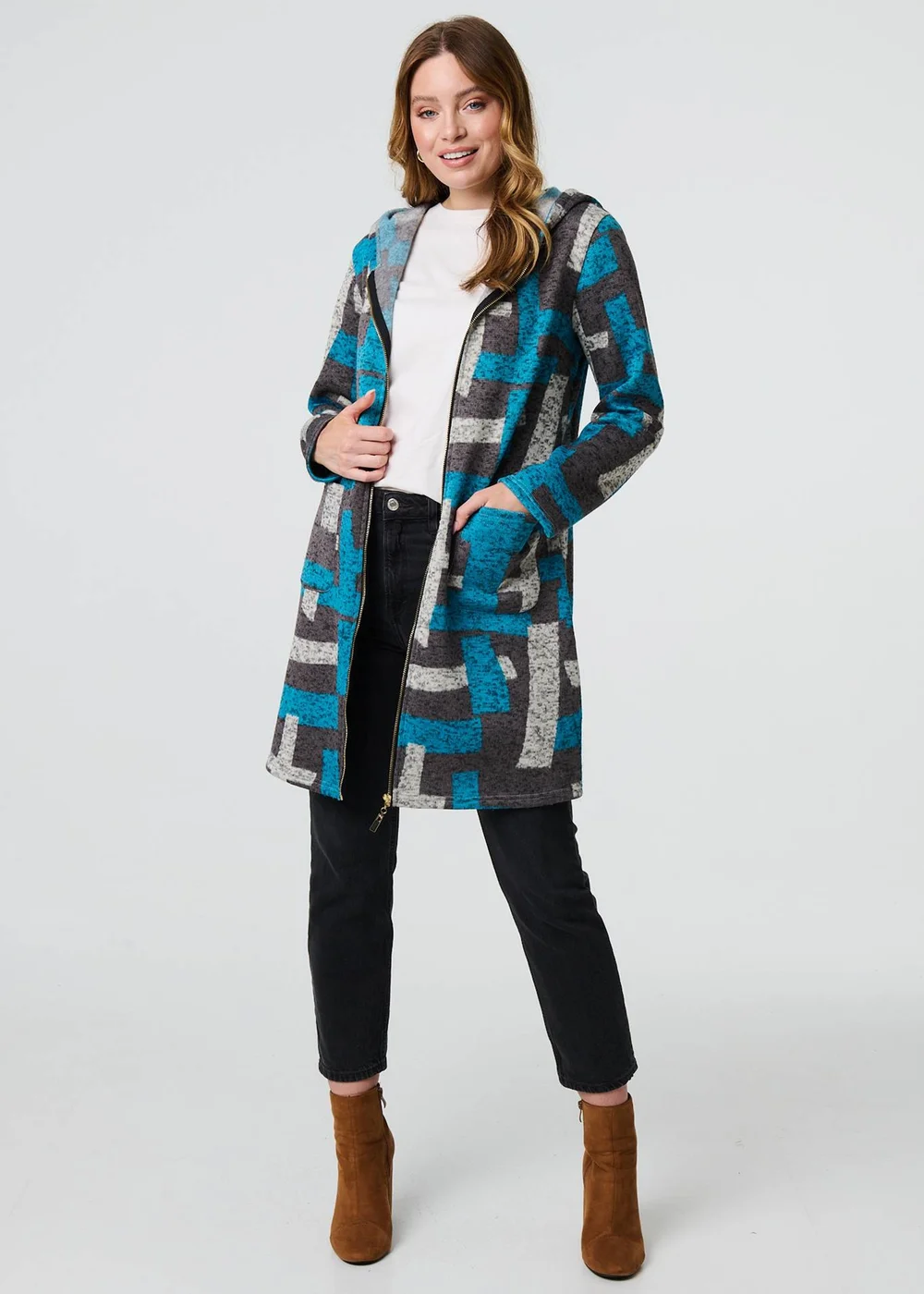 Izabel London Grey Geo Print Hooded Longline Zip-Up Jacket - 8 Image 4