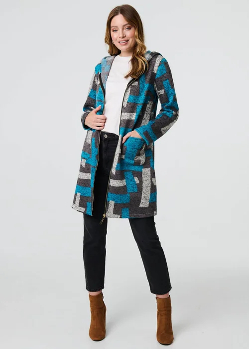 Izabel London Grey Geo Print Hooded Longline Zip-Up Jacket - 8 Image 4