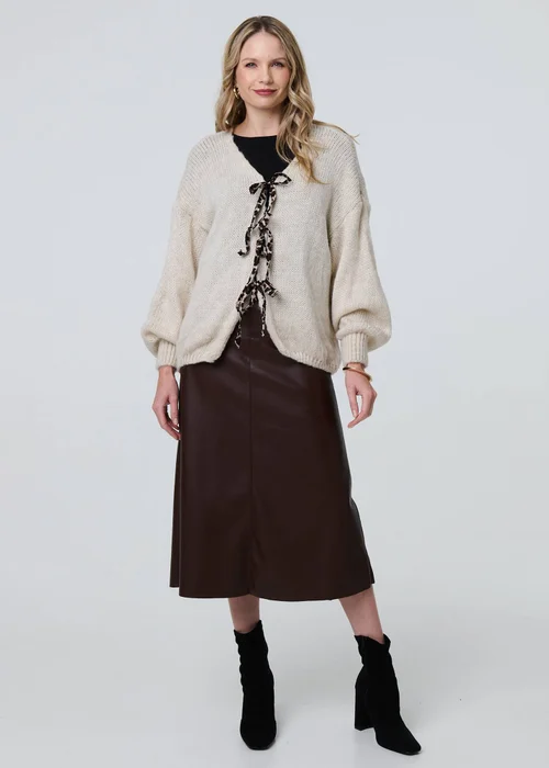 Izabel London Cream Animal Print Tie Balloon Sleeve Cardigan - S Image 4