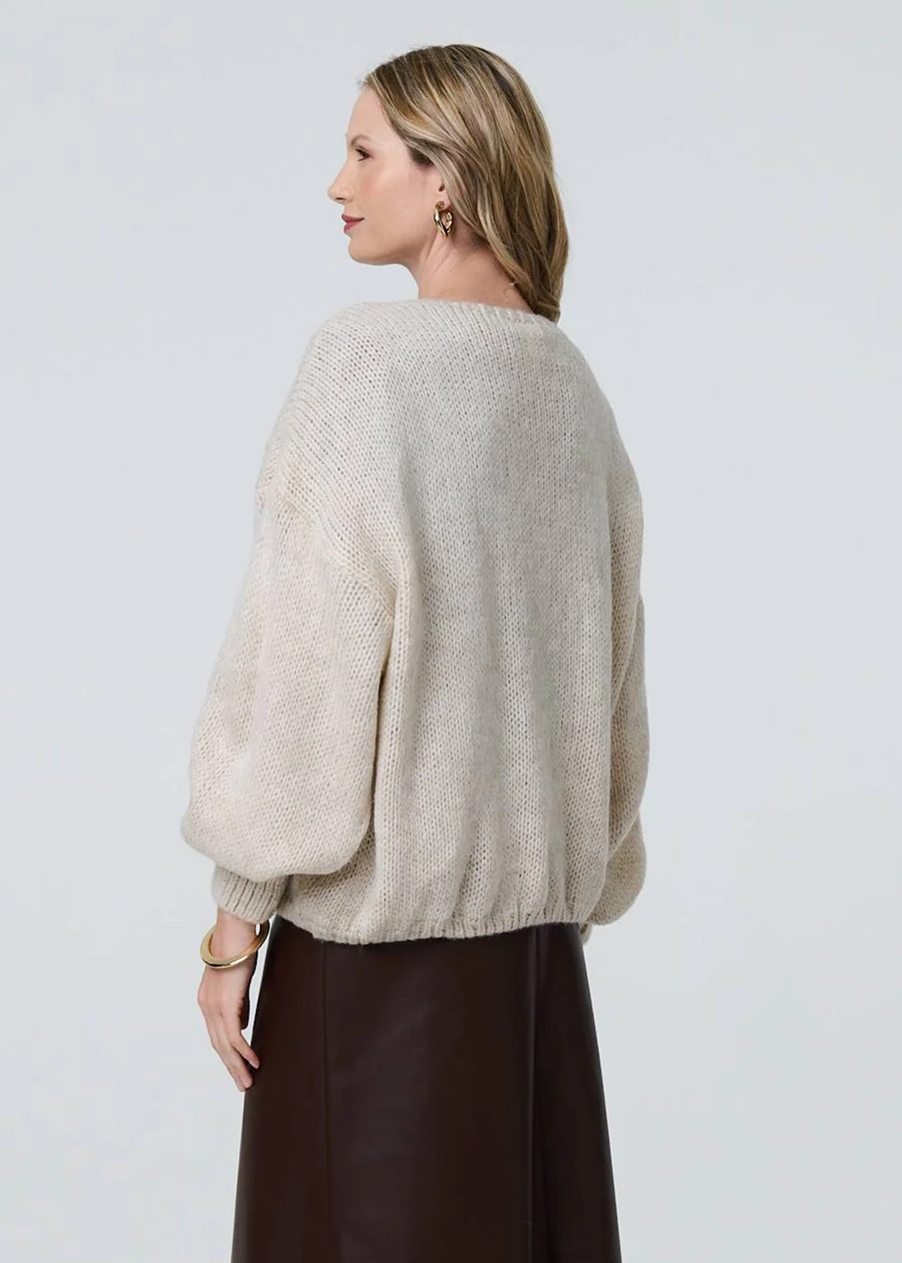 Izabel London Cream Animal Print Tie Balloon Sleeve Cardigan - S Image 2
