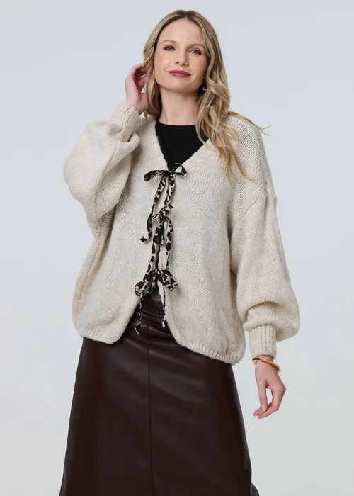 Izabel London Cream Animal Print Tie Balloon Sleeve Cardigan - S Image 1