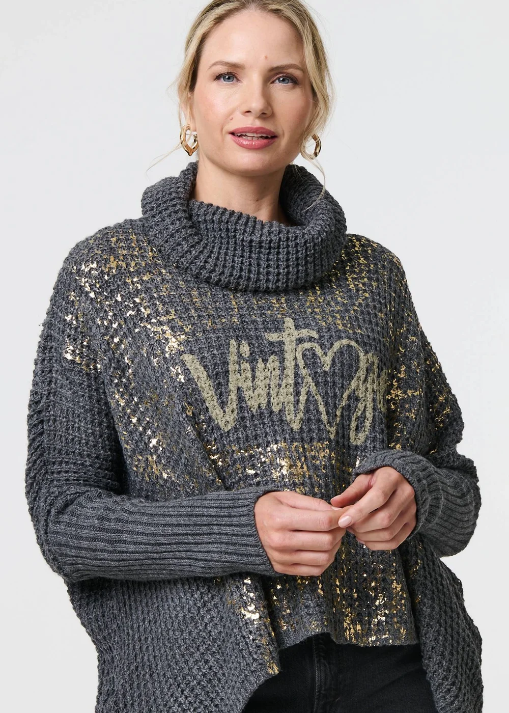 Izabel London Grey Graphic Print Metallic Roll Neck Jumper - S/M Image 3