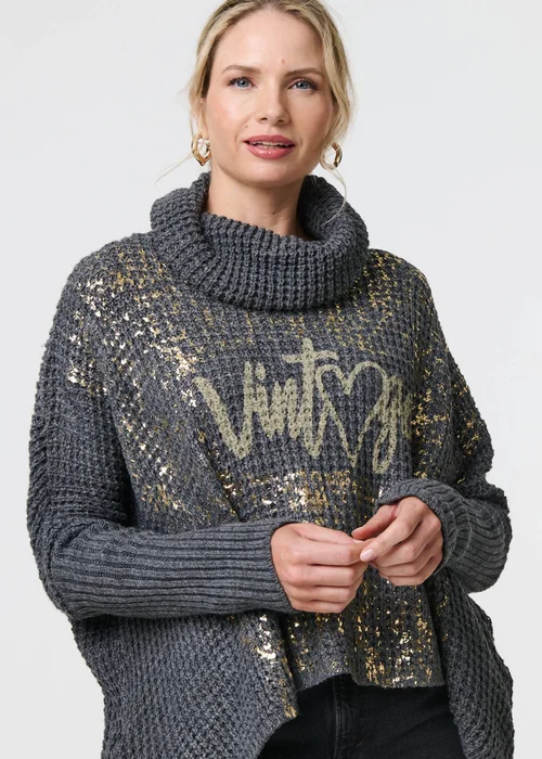 Izabel London Grey Graphic Print Metallic Roll Neck Jumper - S/M Image 3