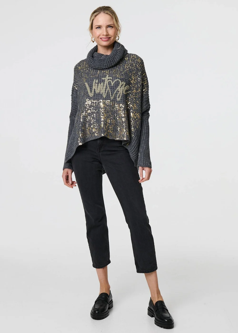 Izabel London Grey Graphic Print Metallic Roll Neck Jumper - S/M Image 4