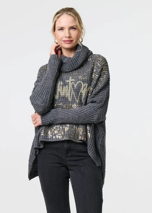Izabel London Grey Graphic Print Metallic Roll Neck Jumper - S/M Image 1