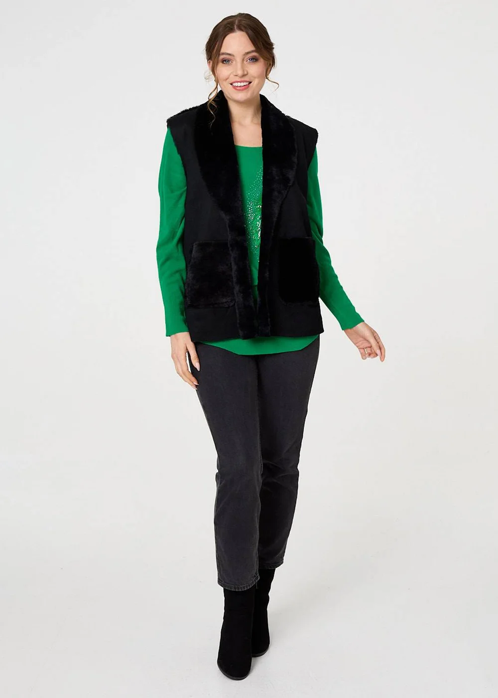 Izabel London Black Faux Fur Lined Suede Pocket Front Vest - M Image 4