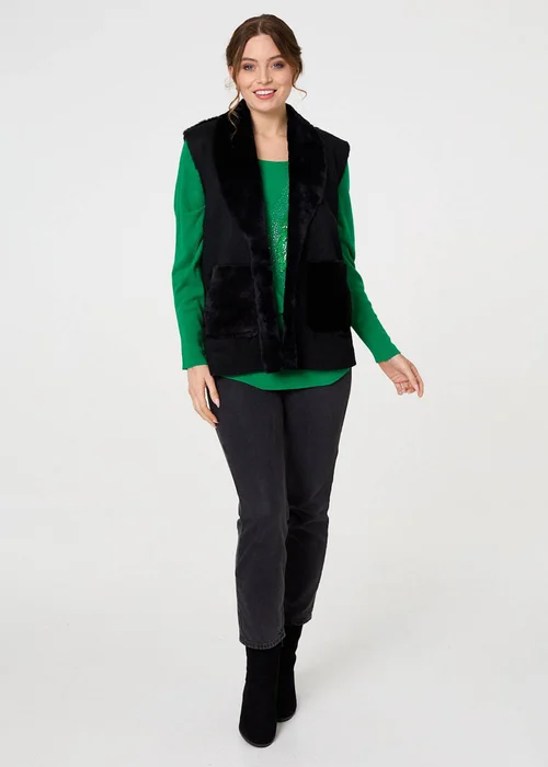 Izabel London Black Faux Fur Lined Suede Pocket Front Vest - M Image 4