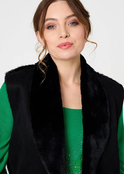 Izabel London Black Faux Fur Lined Suede Pocket Front Vest - M Image 3