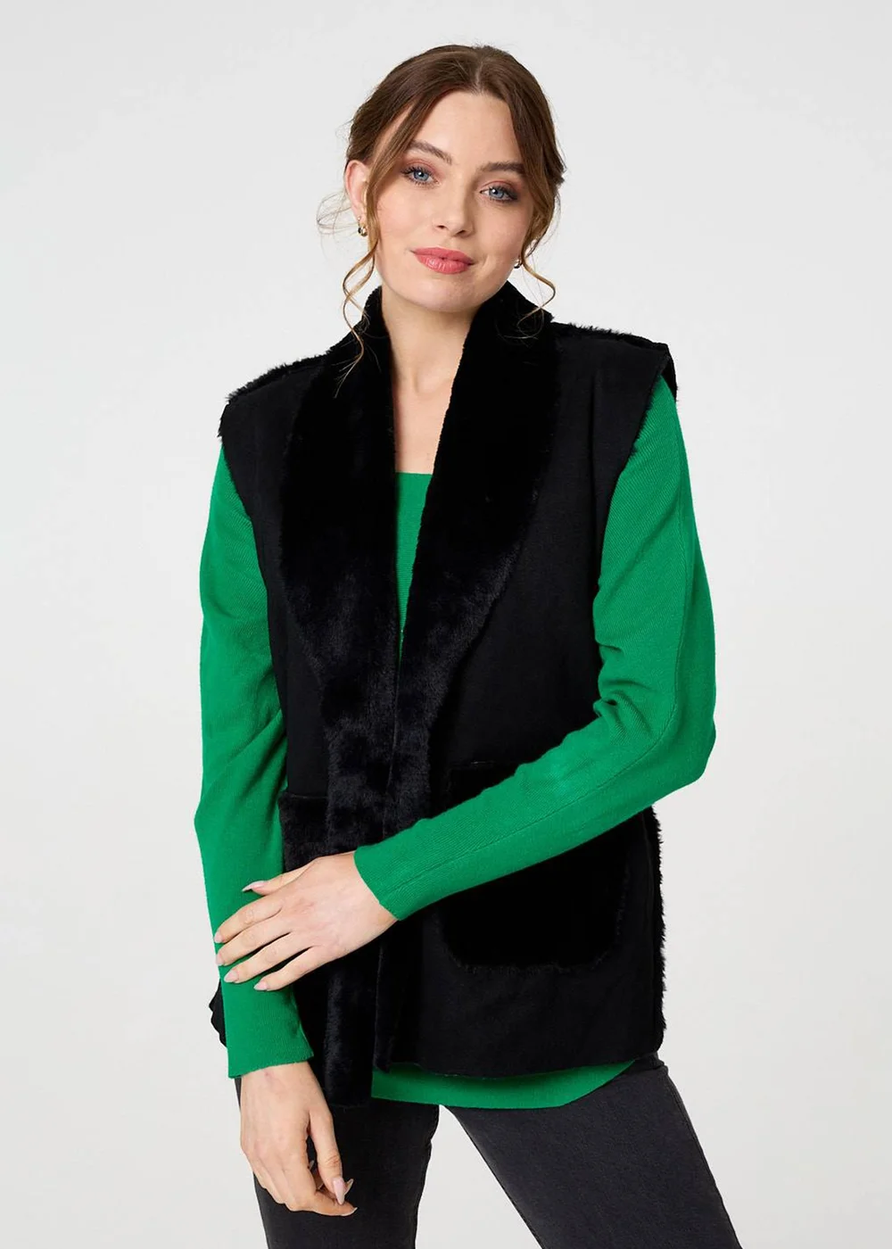 Izabel London Black Faux Fur Lined Suede Pocket Front Vest - M Image 1