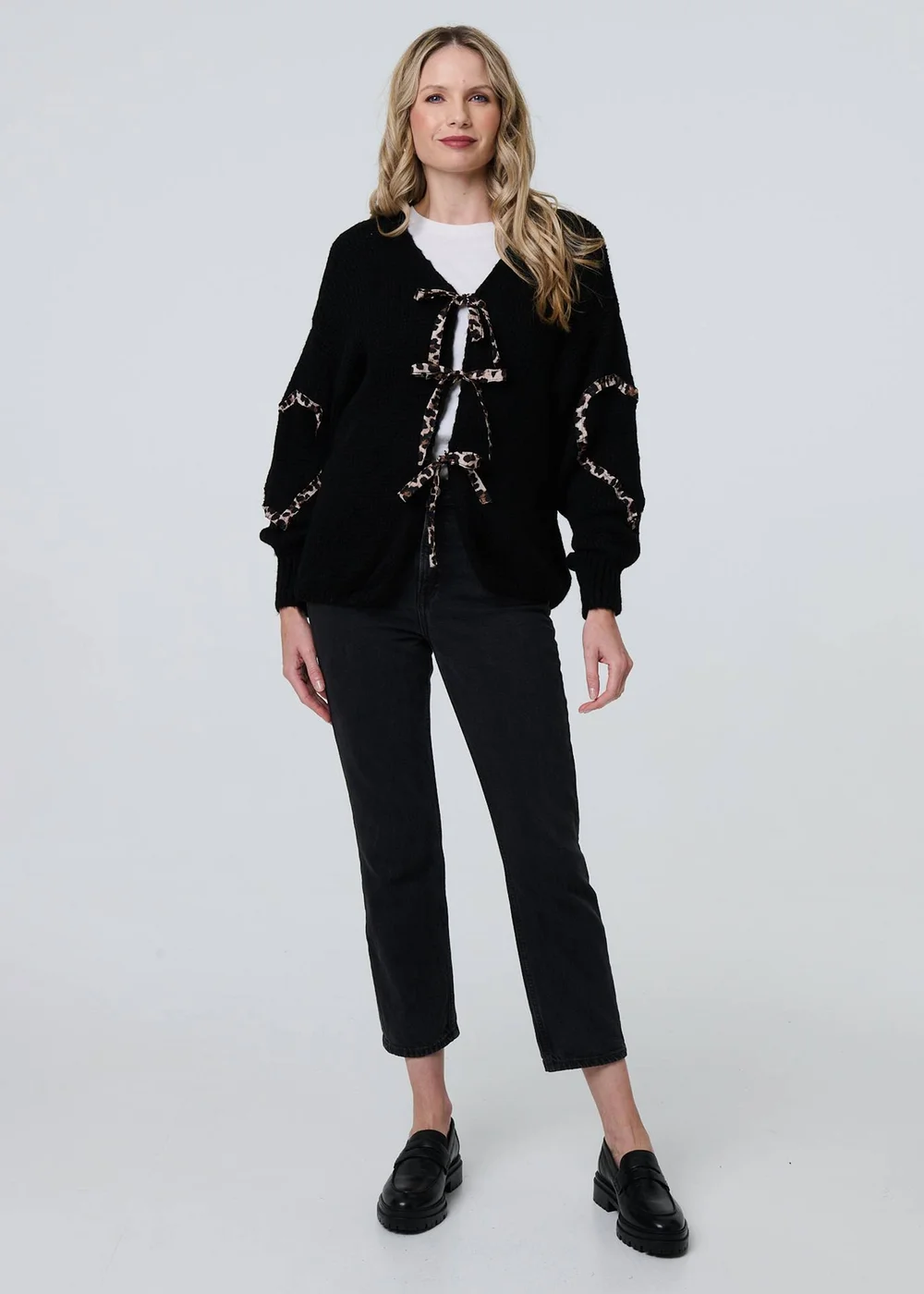 Izabel London Black Animal Print Trim Tie Front Cardigan - S Image 4