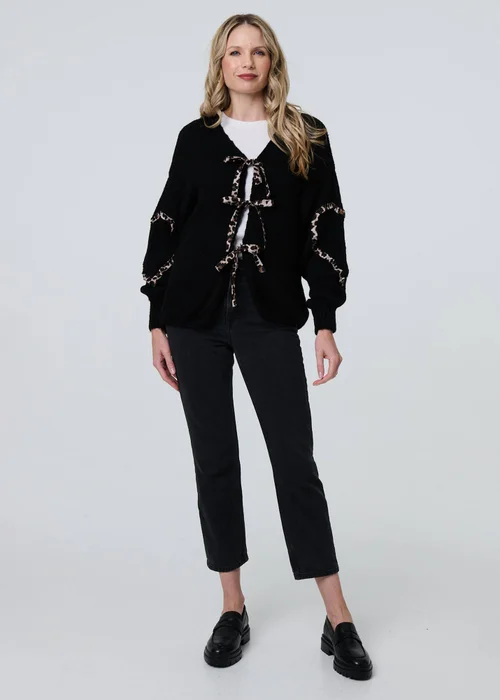 Izabel London Black Animal Print Trim Tie Front Cardigan - S Image 4