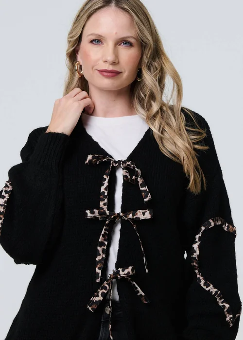 Izabel London Black Animal Print Trim Tie Front Cardigan - S Image 3