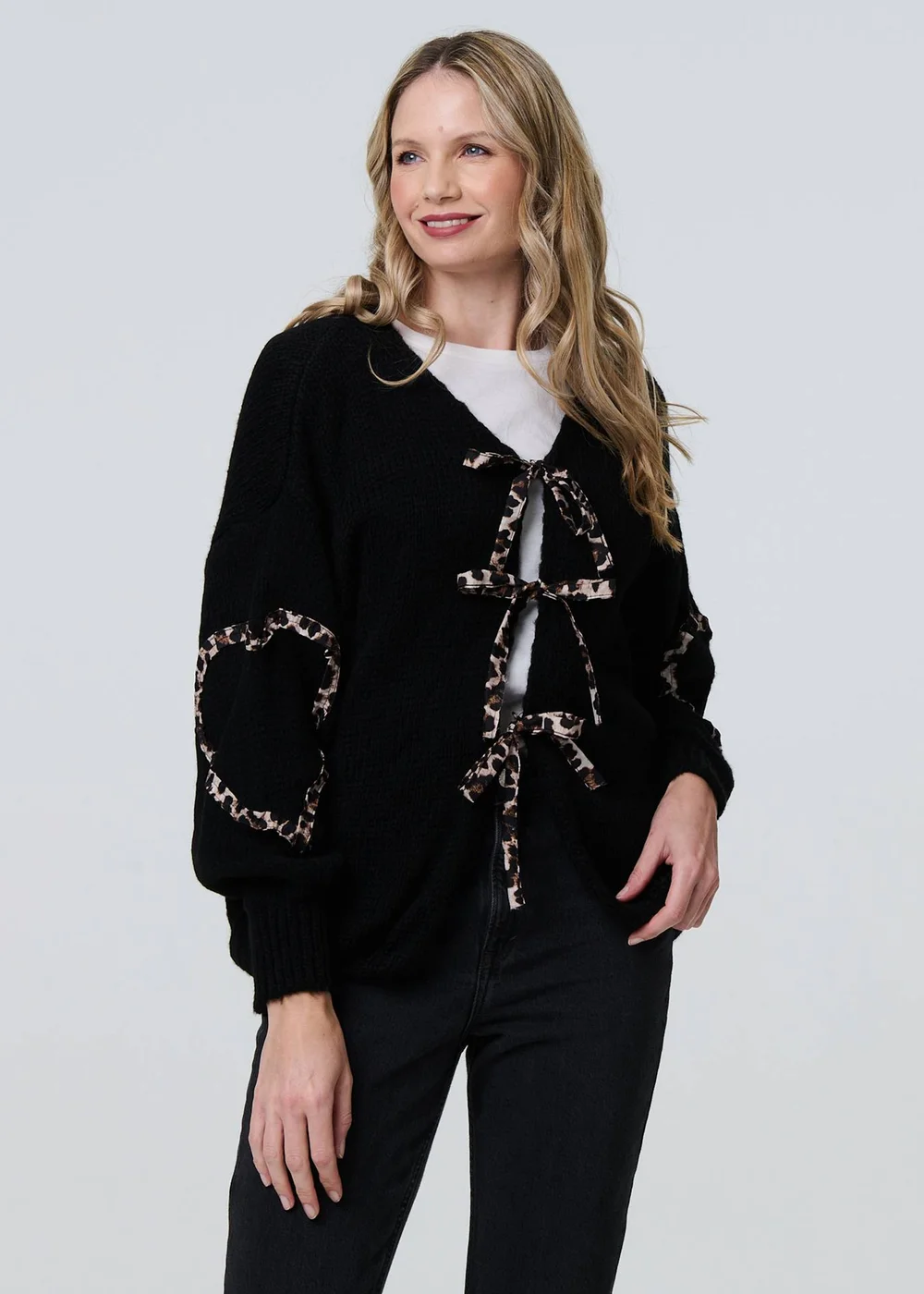 Izabel London Black Animal Print Trim Tie Front Cardigan - S Image 1