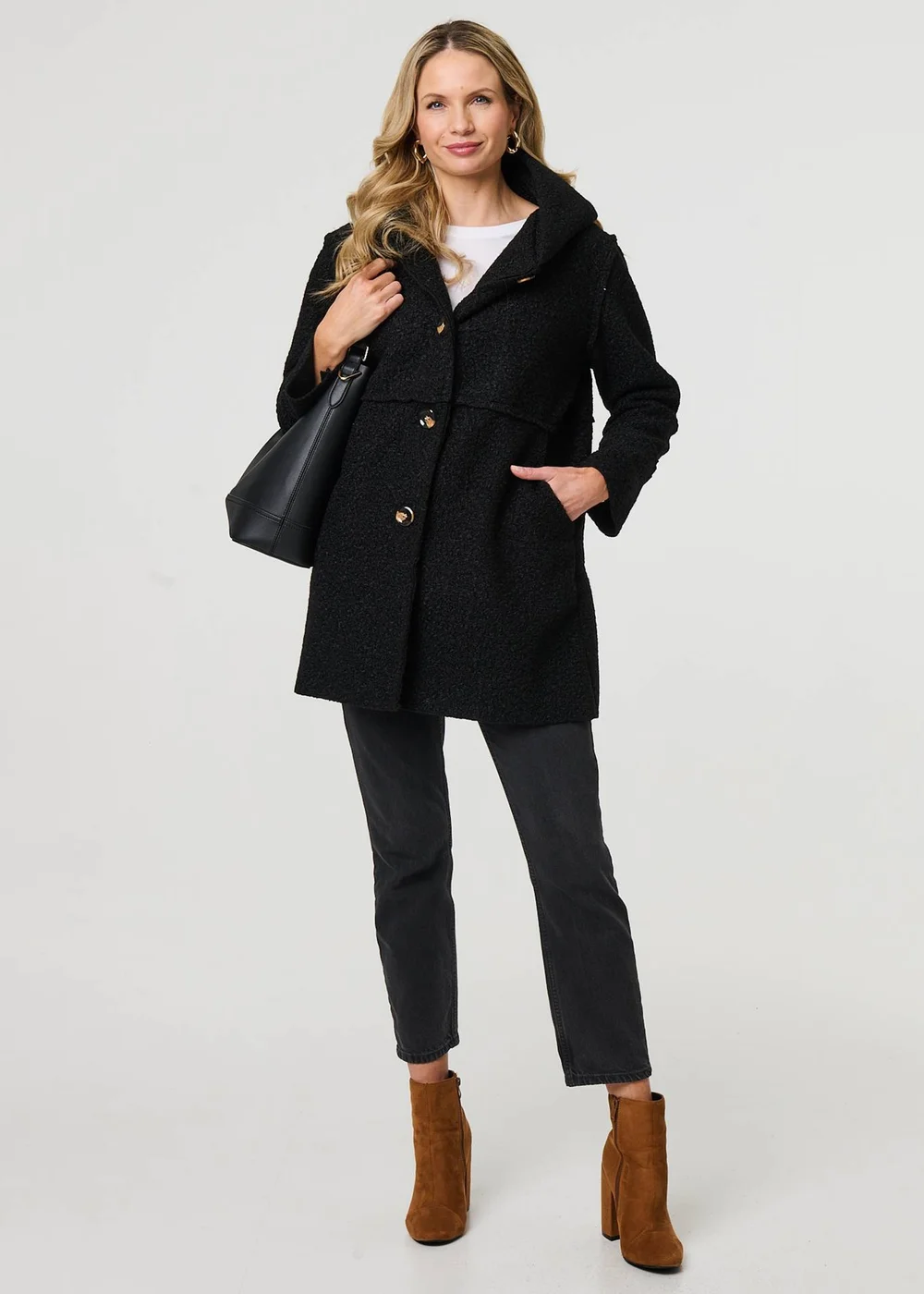 Izabel London Black Knitted Button Detail Hooded Jacket - 8 Image 4