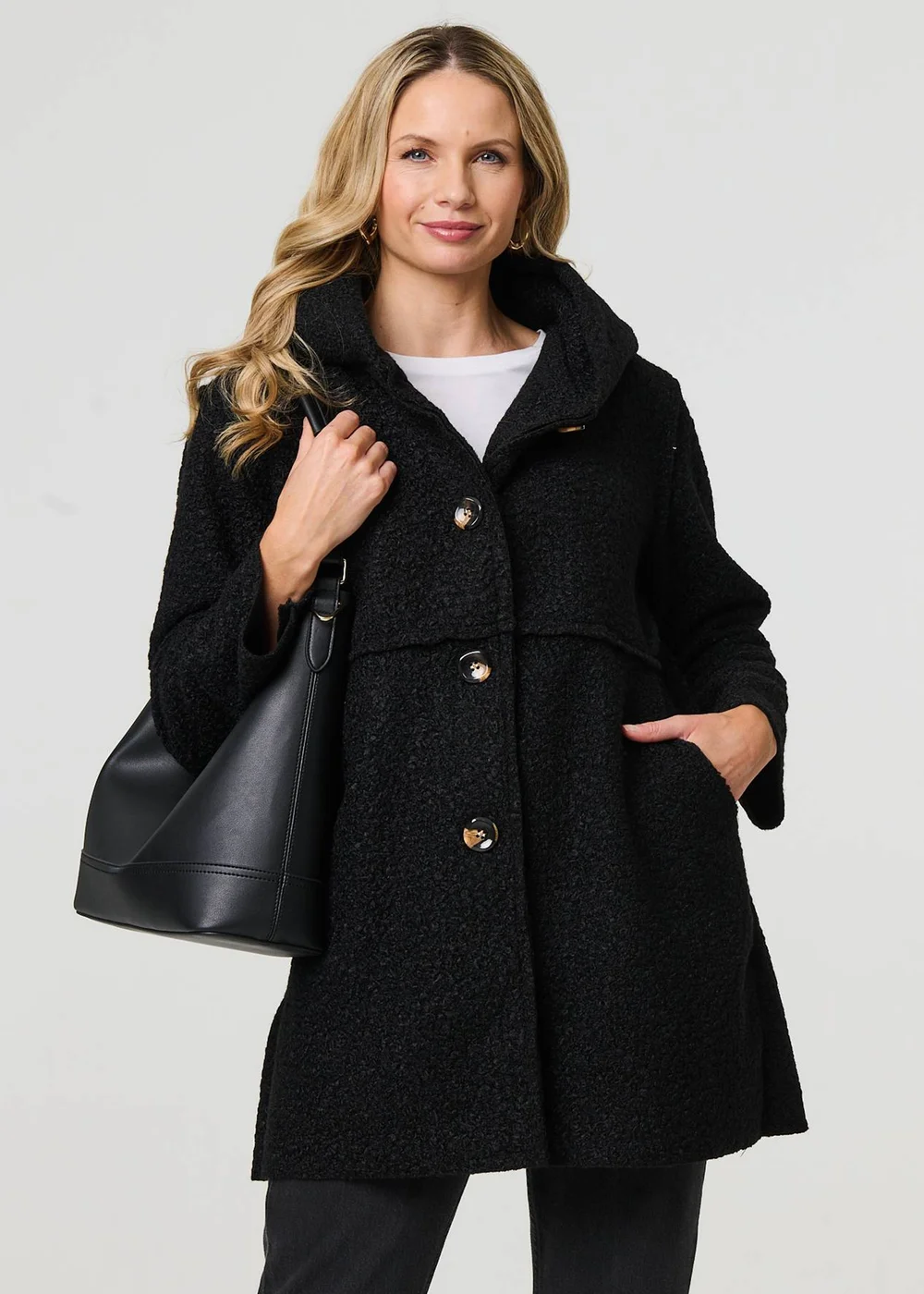 Izabel London Black Knitted Button Detail Hooded Jacket - 8 Image 1