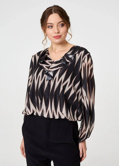 Izabel London Black Printed Semi Sheer Ruffled V-Neck Blouse - S Image 1