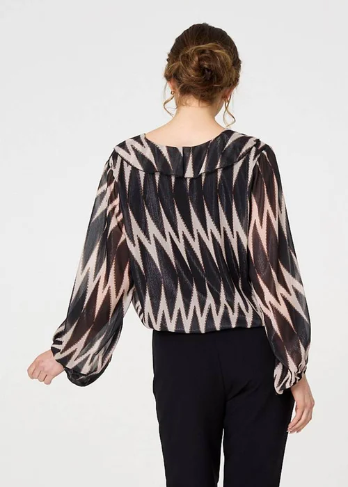 Izabel London Black Printed Semi Sheer Ruffled V-Neck Blouse - S Image 2