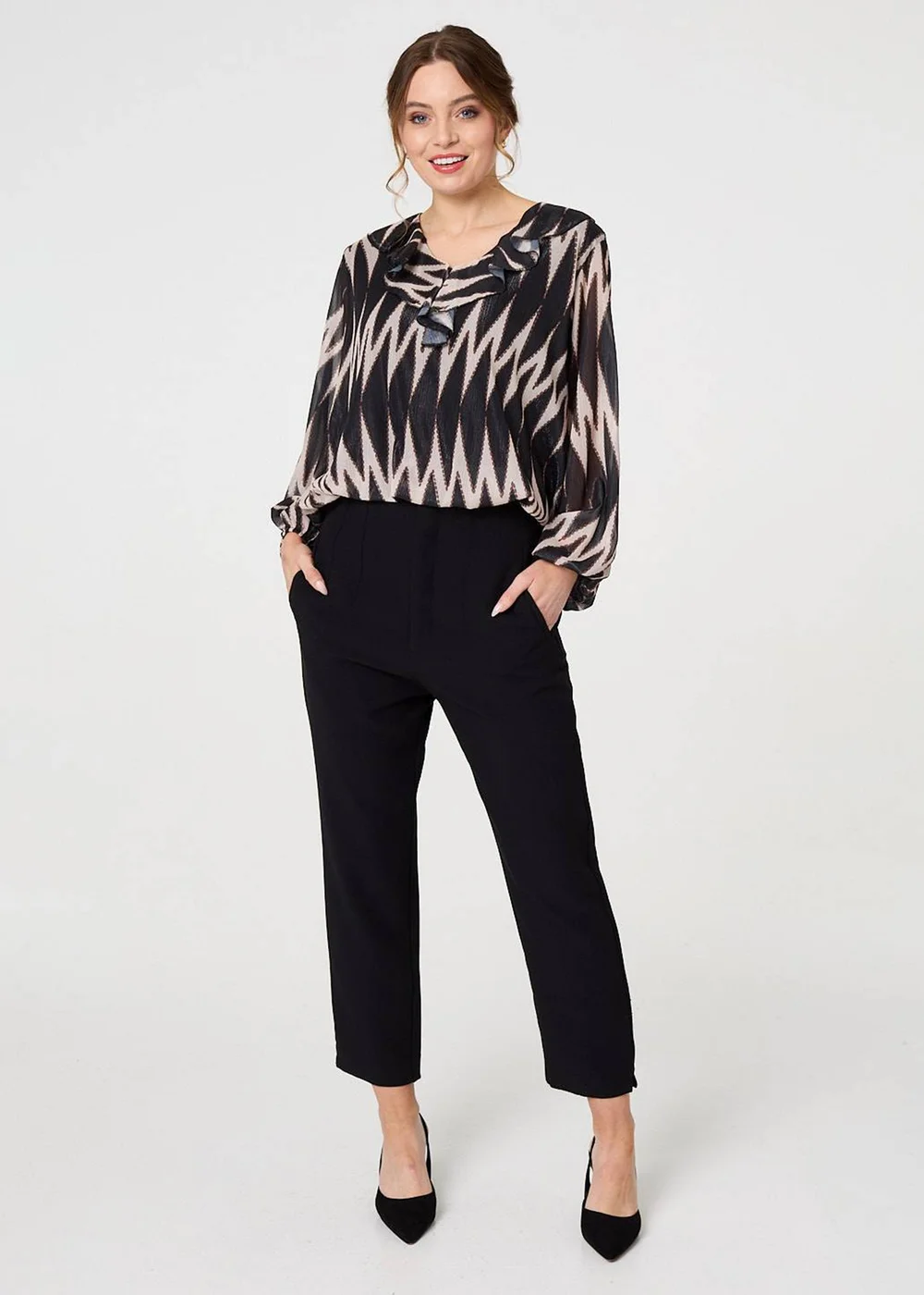 Izabel London Black Printed Semi Sheer Ruffled V-Neck Blouse - S Image 4