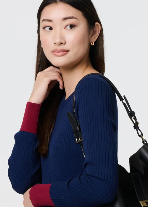 Izabel London Navy Colour Block Tie Neck Short Jumper Dress - 8 Image 3