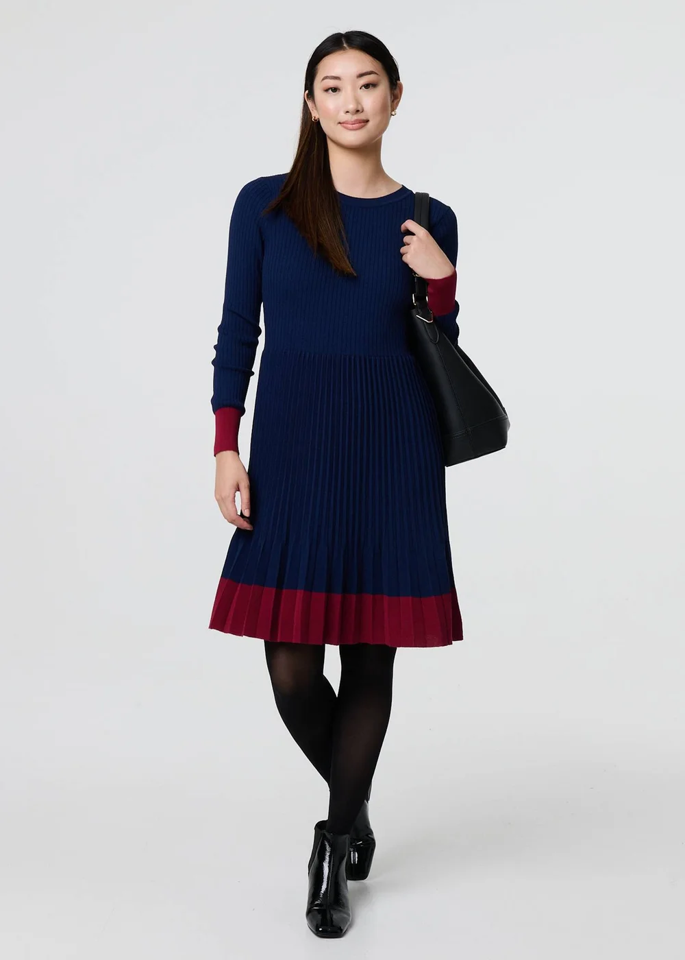 Izabel London Navy Colour Block Tie Neck Short Jumper Dress - 8 Image 4