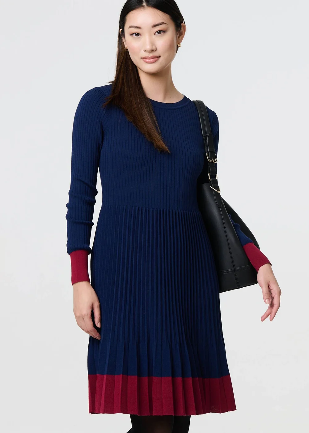 Izabel London Navy Colour Block Tie Neck Short Jumper Dress - 8 Image 1