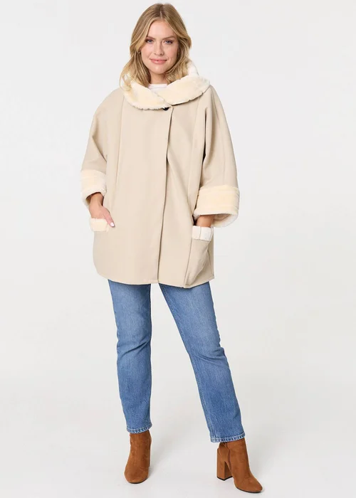 Izabel London White Faux Fur Trim Cape Coat - M/L Image 4