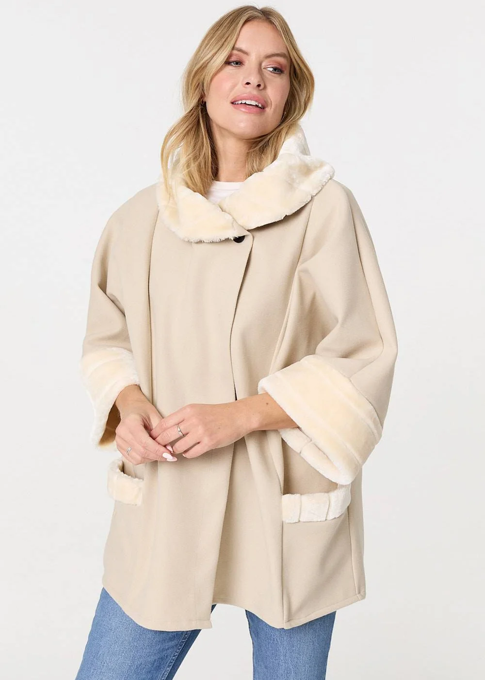 Izabel London White Faux Fur Trim Cape Coat - M/L Image 1