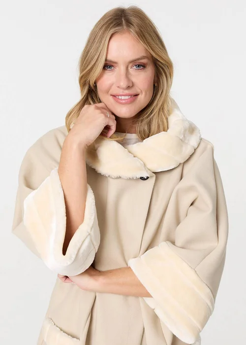 Izabel London White Faux Fur Trim Cape Coat - M/L Image 3
